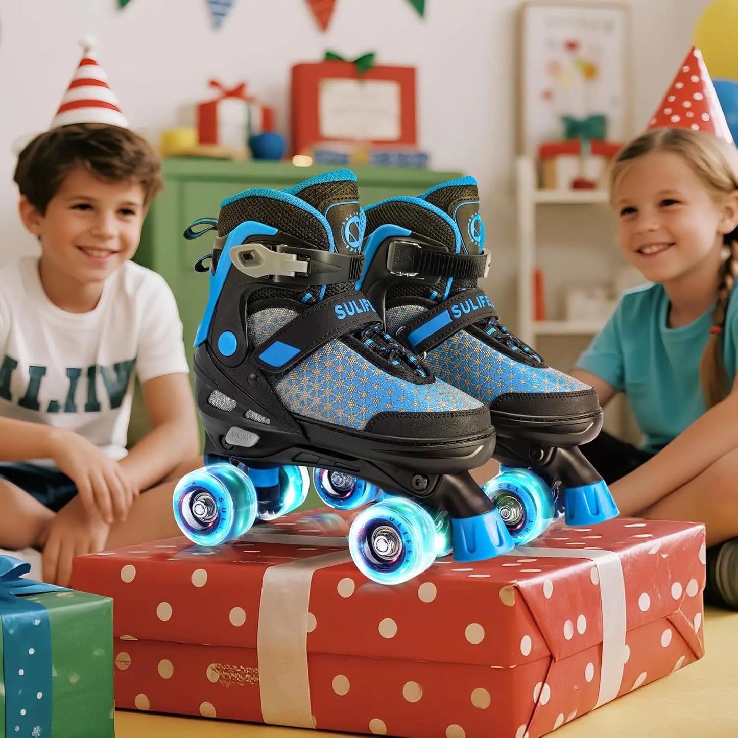 SULIFEEL Roller Skates for Girls Boys Kids,4 Sizes Adjustable Quad Skates with Light up Wheels,Safe Fun Children Skates, Best Gift for Beginners Indoor Outdoor Sports