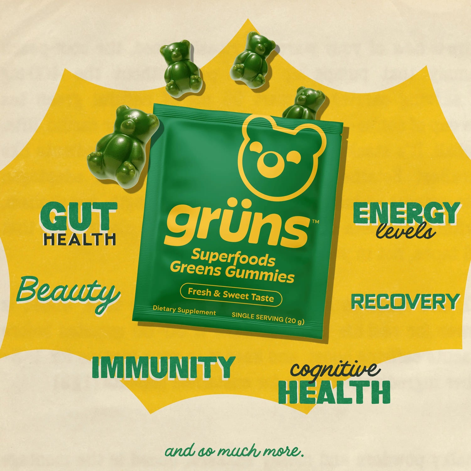 Grüns Superfood Greens Gummies: Comprehensive Nutrition Supplement with 60+ Ingredients: Vitamins and Minerals, Prebiotics for Digestive Health, Adaptogens, Chlorophyll, Chlorella, Fruits and Vegetables, Gluten Free, Vegan, Third Party Tested