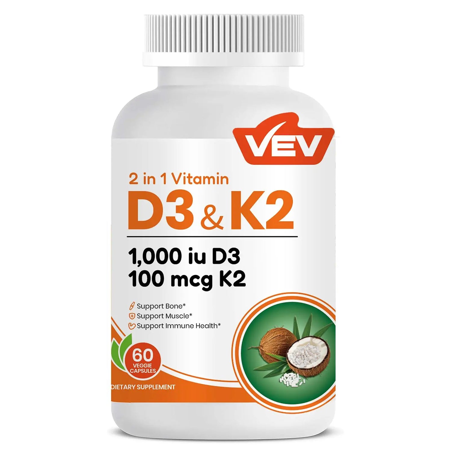 VEV Corefeel Vitamin D3 K2 10000 IU, 300 Virgin Coconut Oil Softgels, 2 in 1 Vitamins Supplement D & K, Dietary Supplemental Pack, Mothersdaygift, Summervibes