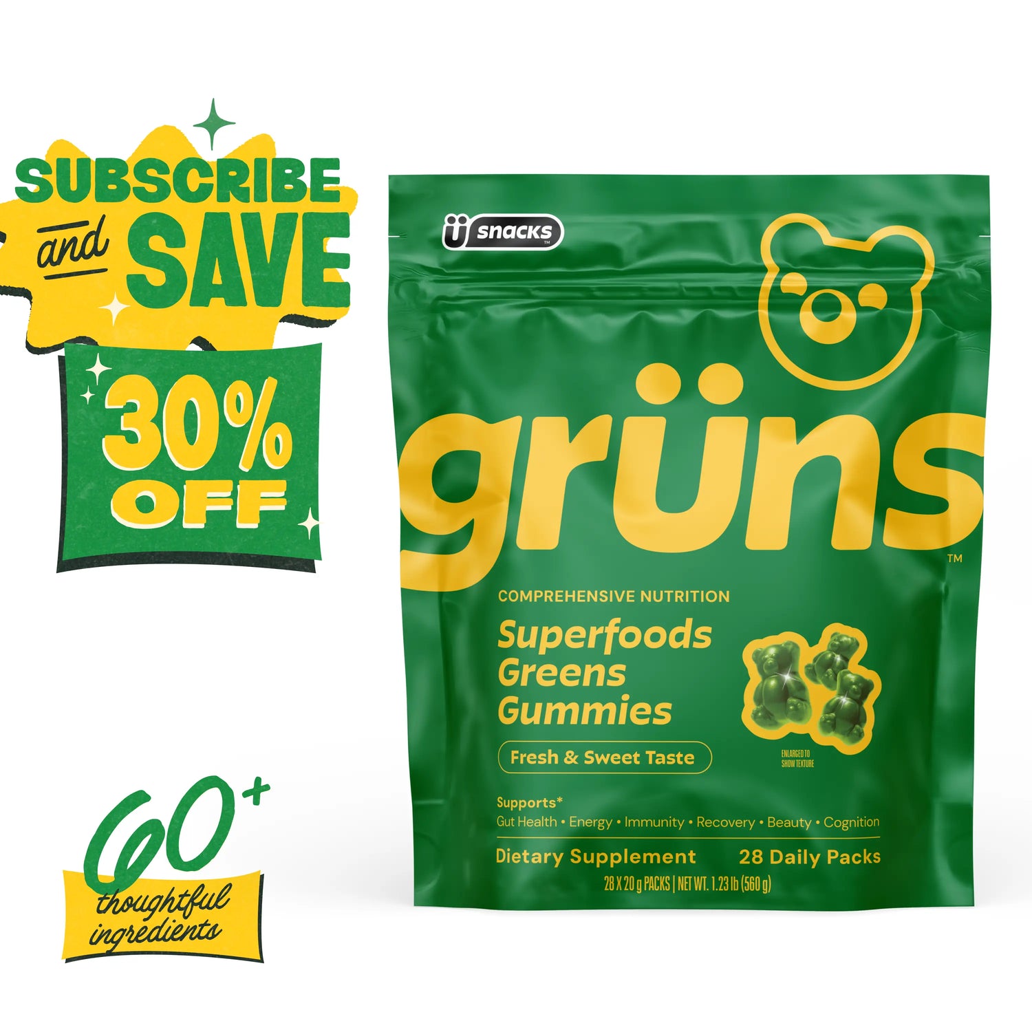 Grüns Superfood Greens Gummies: Comprehensive Nutrition Supplement with 60+ Ingredients: Vitamins and Minerals, Prebiotics for Digestive Health, Adaptogens, Chlorophyll, Chlorella, Fruits and Vegetables, Gluten Free, Vegan, Third Party Tested