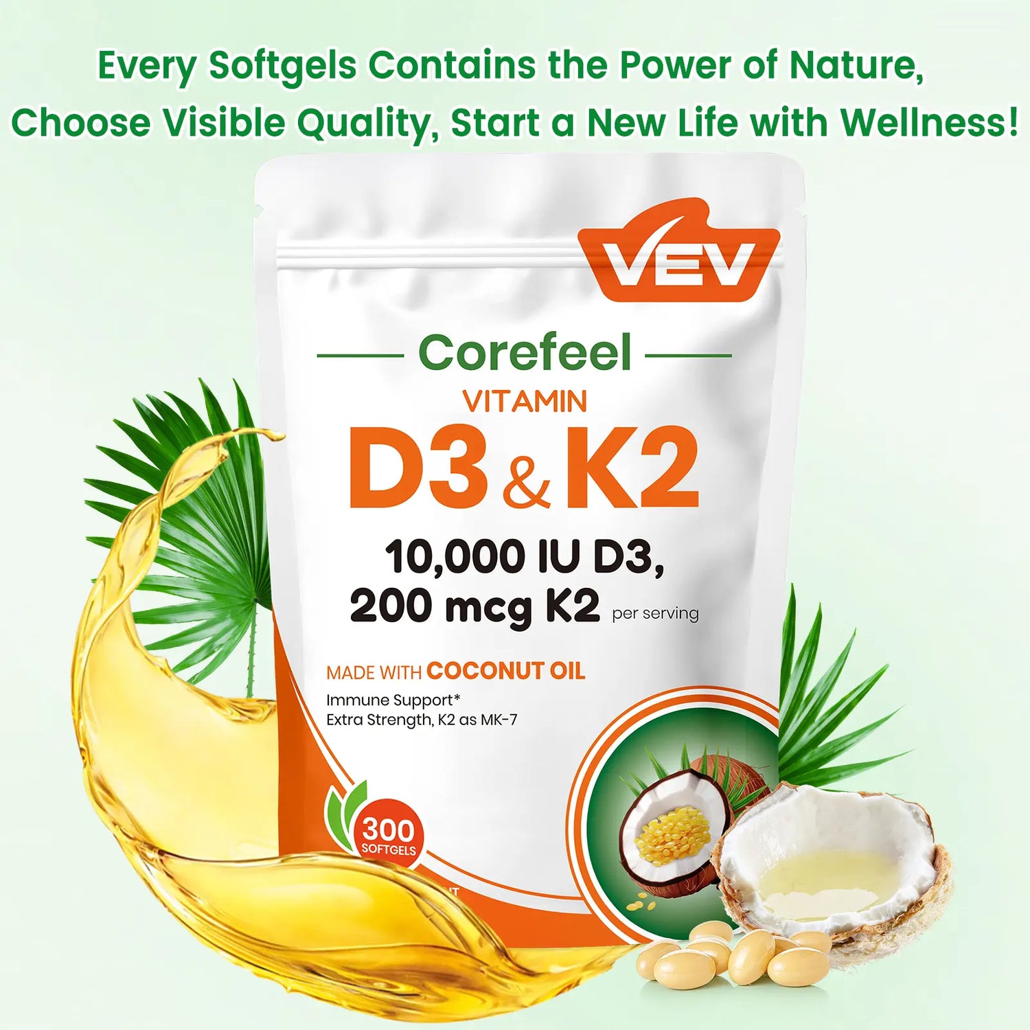VEV Vitamin D3 K2, 2 in 1 Vitamins Supplement D & K, 10000 IU, 300 Virgin Coconut Oil Softgels, Dietary Healthcare Daily Health Bundle