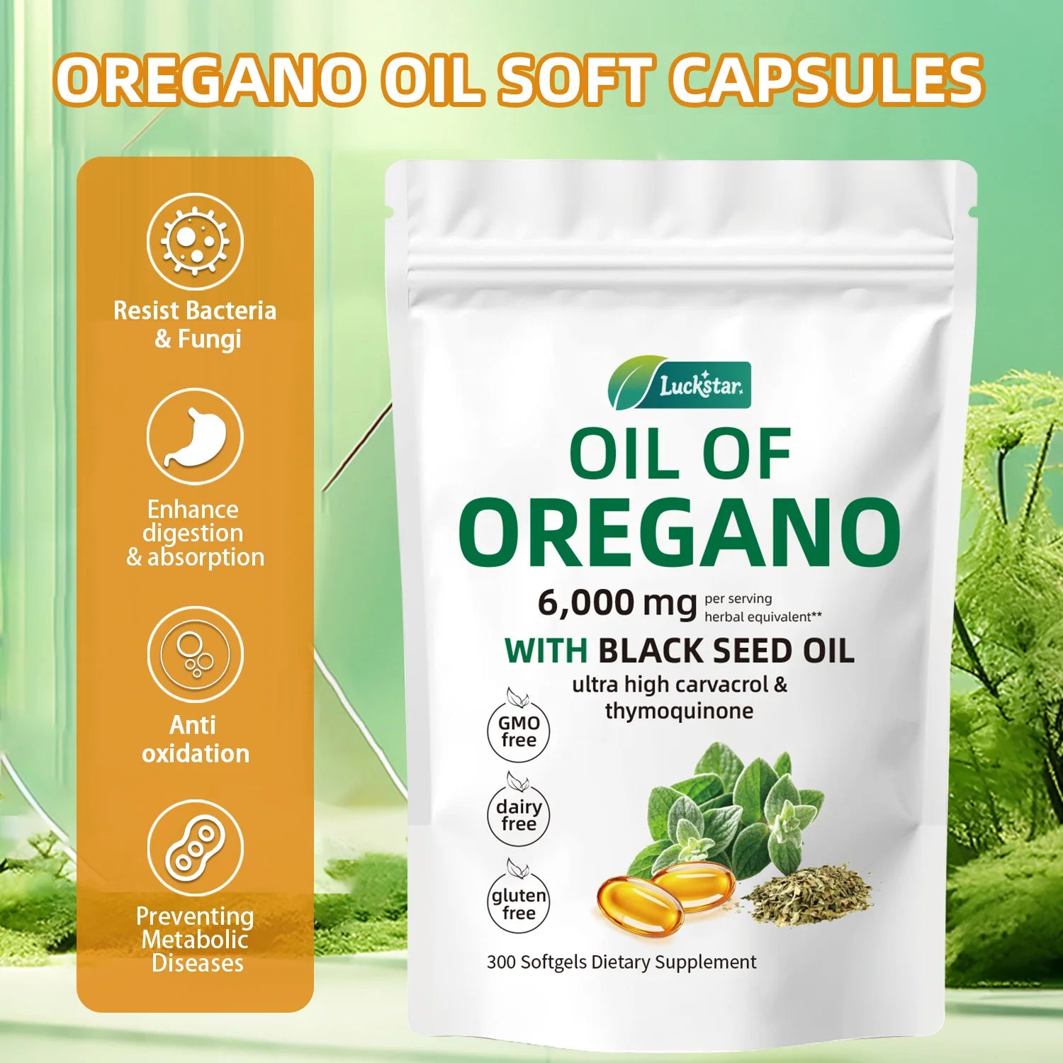 Oil of Oregano 300 Softgels 6000Mg per Serving with Black Seed Oil - Natural Antioxidants for Fitness Nutritional Support