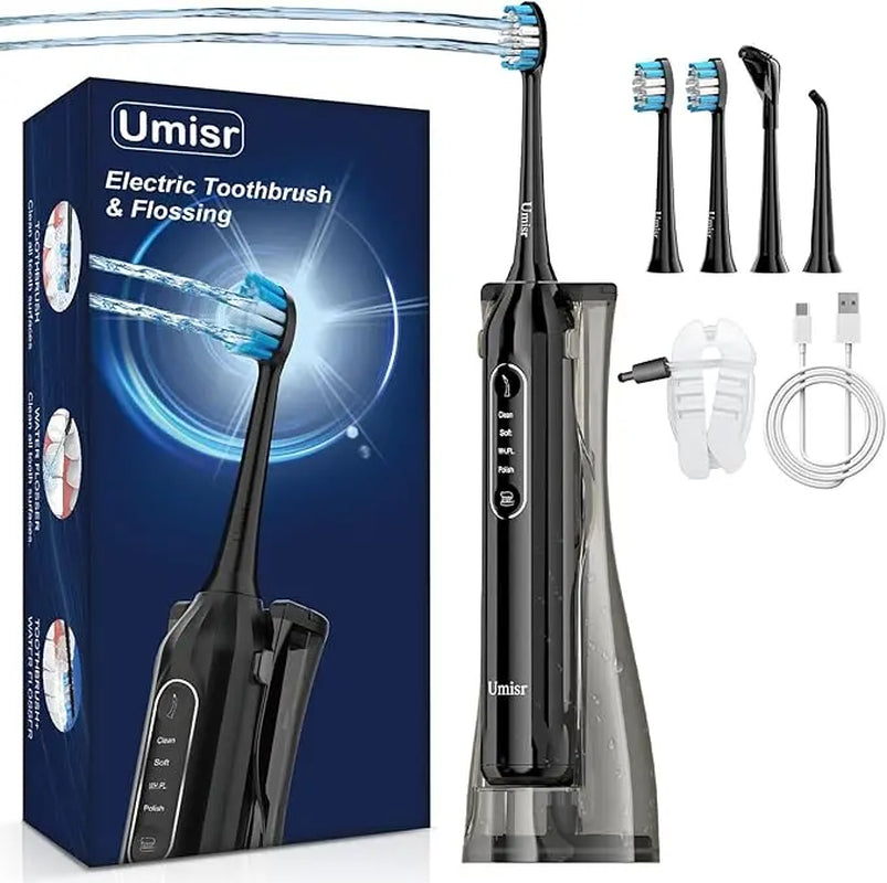 Adult Water Flosser Combo, 4-In-1 Rechargeable Toothbrush/Tooth Cleaner, 7 Modes. Portable IPX7 Waterproof Tooth Flosser for Cleaning Teeth, Suitable for Home Use and Travel.