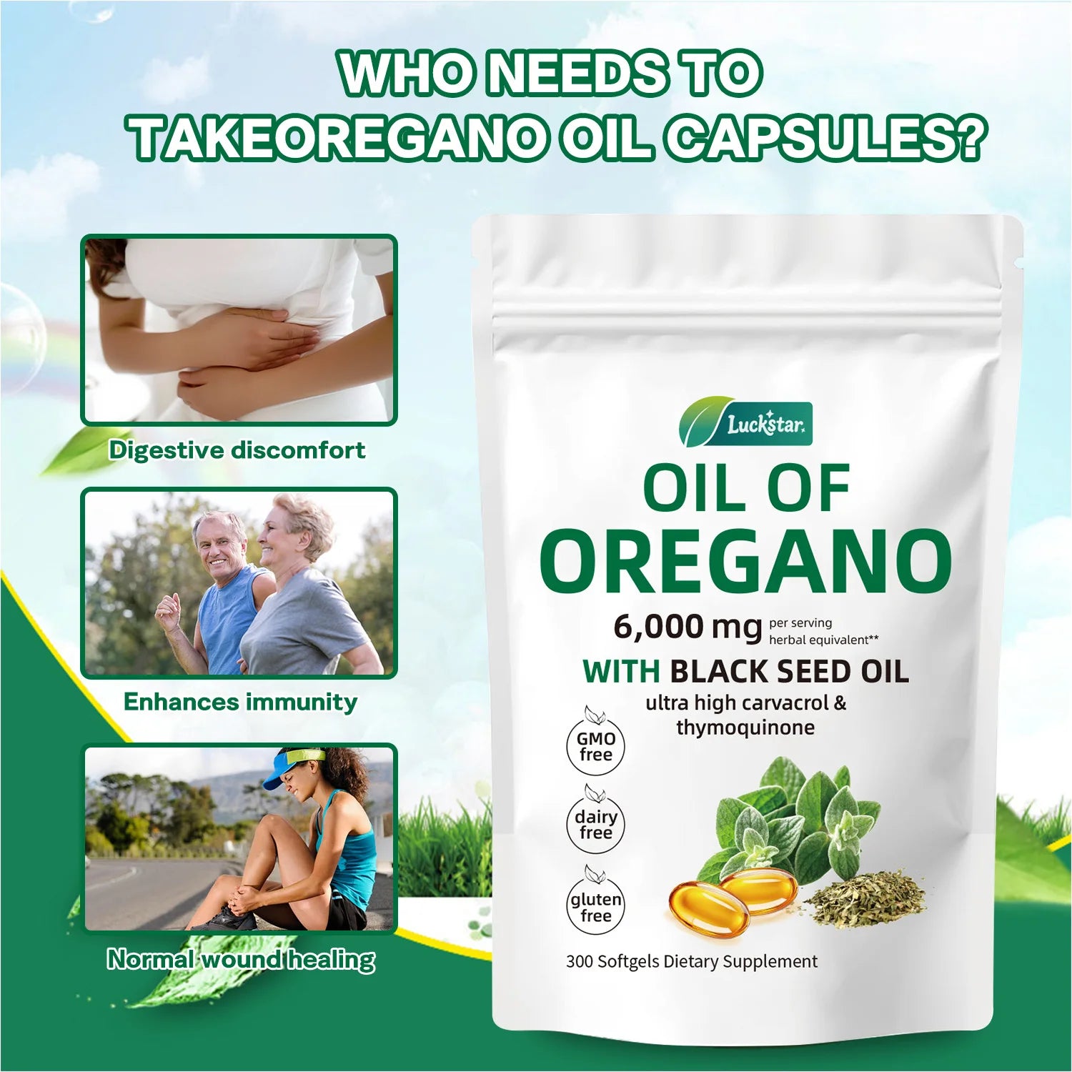 Oil of Oregano 300 Softgels 6000Mg per Serving with Black Seed Oil - Natural Antioxidants for Fitness Nutritional Support