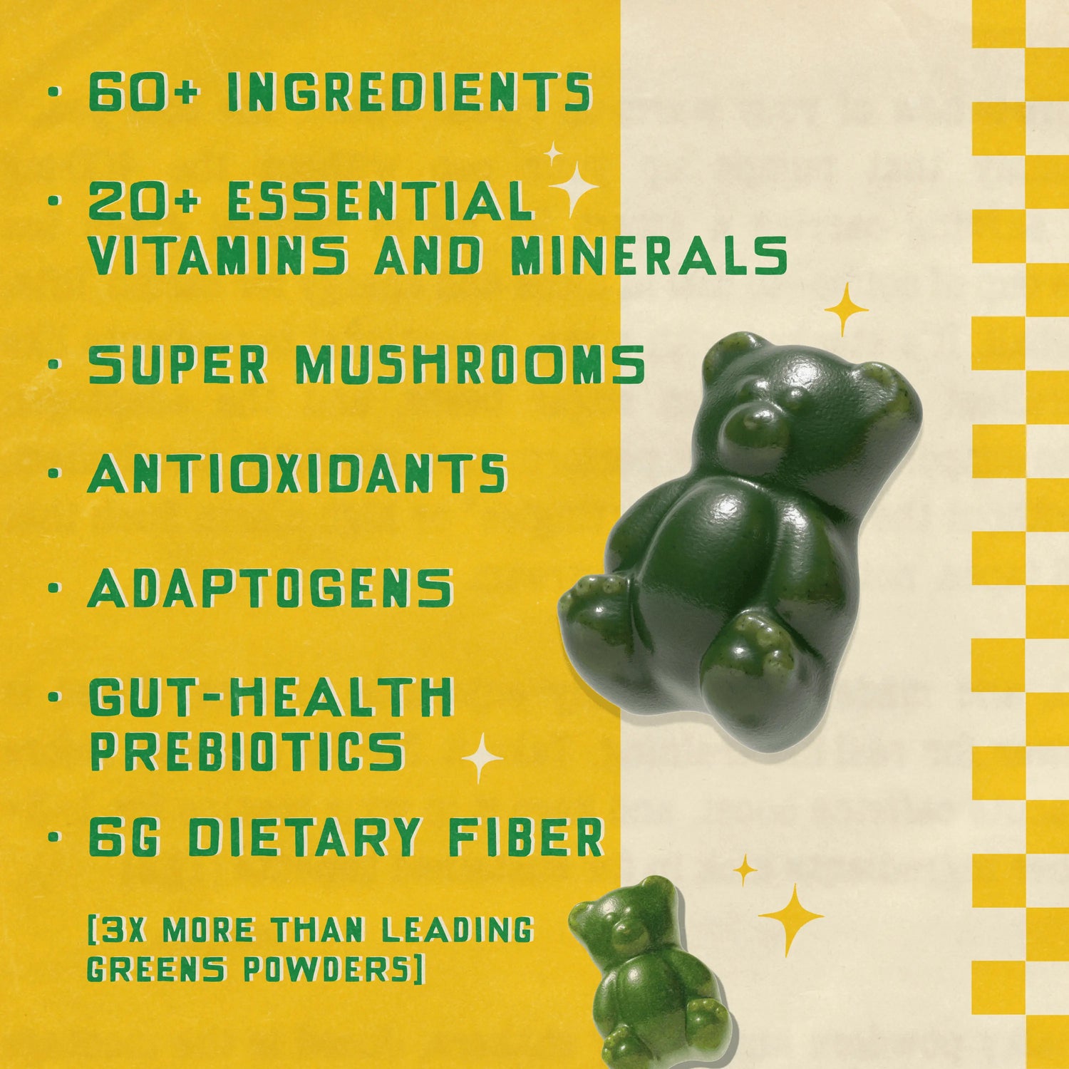 Grüns Superfood Greens Gummies: Comprehensive Nutrition Supplement with 60+ Ingredients: Vitamins and Minerals, Prebiotics for Digestive Health, Adaptogens, Chlorophyll, Chlorella, Fruits and Vegetables, Gluten Free, Vegan, Third Party Tested