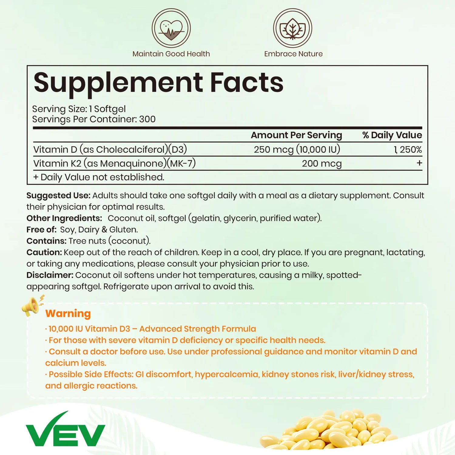 VEV Vitamin D3 K2, 2 in 1 Vitamins Supplement D & K, 10000 IU, 300 Virgin Coconut Oil Softgels, Dietary Healthcare Daily Health Bundle