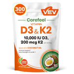 VEV Vitamin D3 K2, 2 in 1 Vitamins Supplement D & K, 10000 IU, 300 Virgin Coconut Oil Softgels, Dietary Healthcare Daily Health Bundle