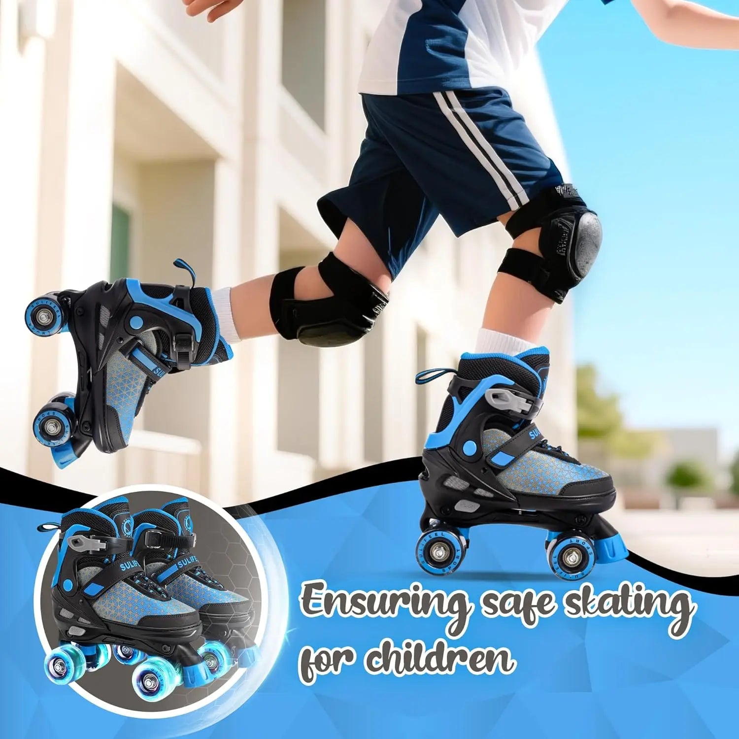SULIFEEL Roller Skates for Girls Boys Kids,4 Sizes Adjustable Quad Skates with Light up Wheels,Safe Fun Children Skates, Best Gift for Beginners Indoor Outdoor Sports