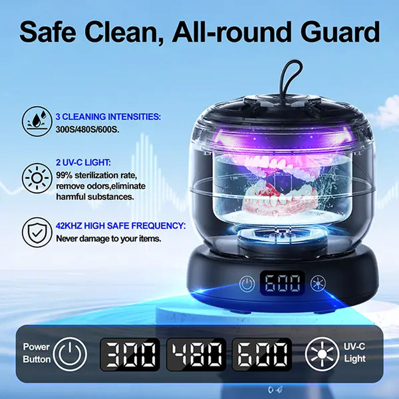 Ultrasonic UV Dentures Cleaner , 42 Khz Ultrasonic Retainers Cleaner Cleaning with 3 Time Modes & UV-C Light, Portable Dental Cleaner for Oral Care Appliances