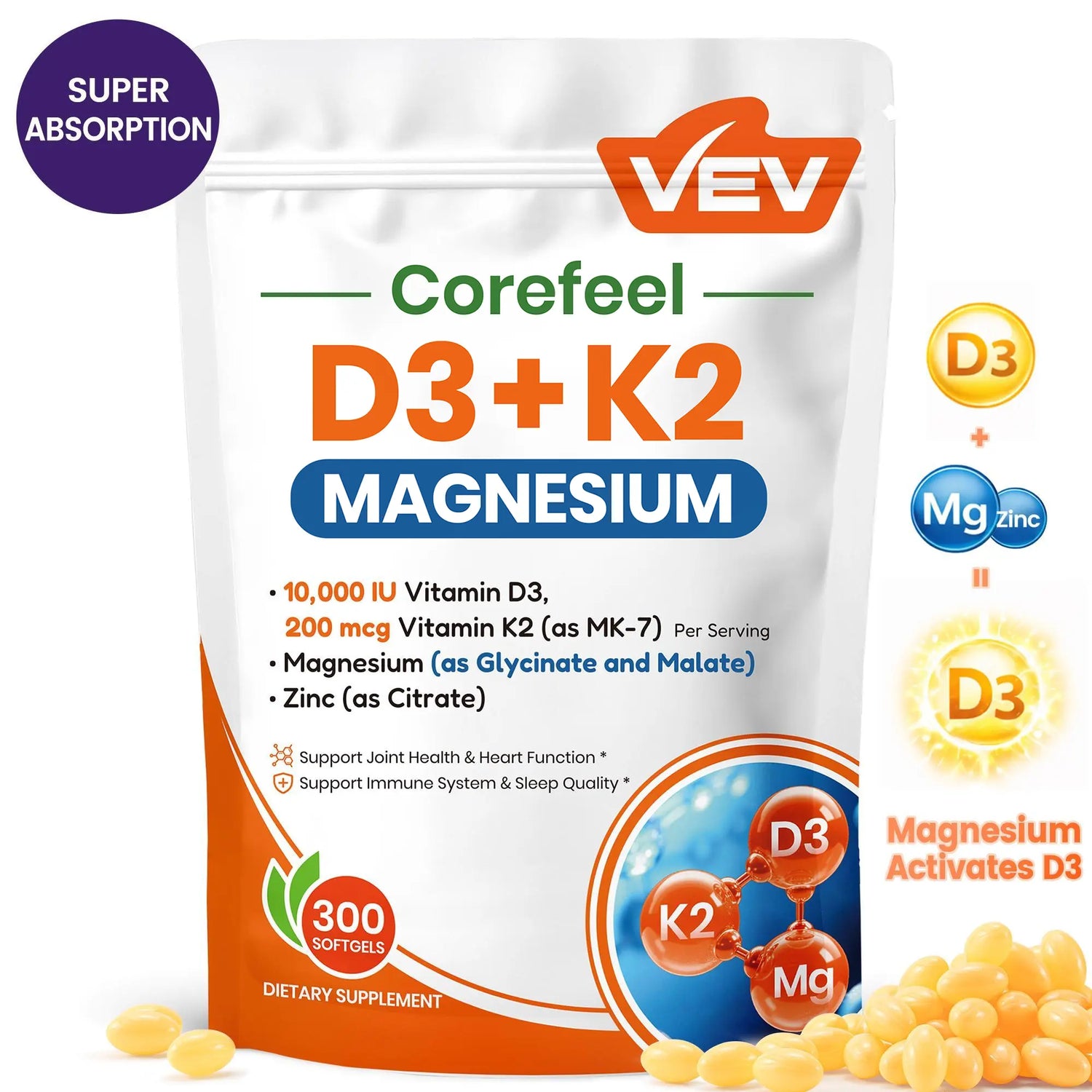 VEV Corefeel Vitamin D3 K2 10000 IU, 300 Virgin Coconut Oil Softgels, 2 in 1 Vitamins Supplement D & K, Dietary Supplemental Pack, Mothersdaygift, Summervibes