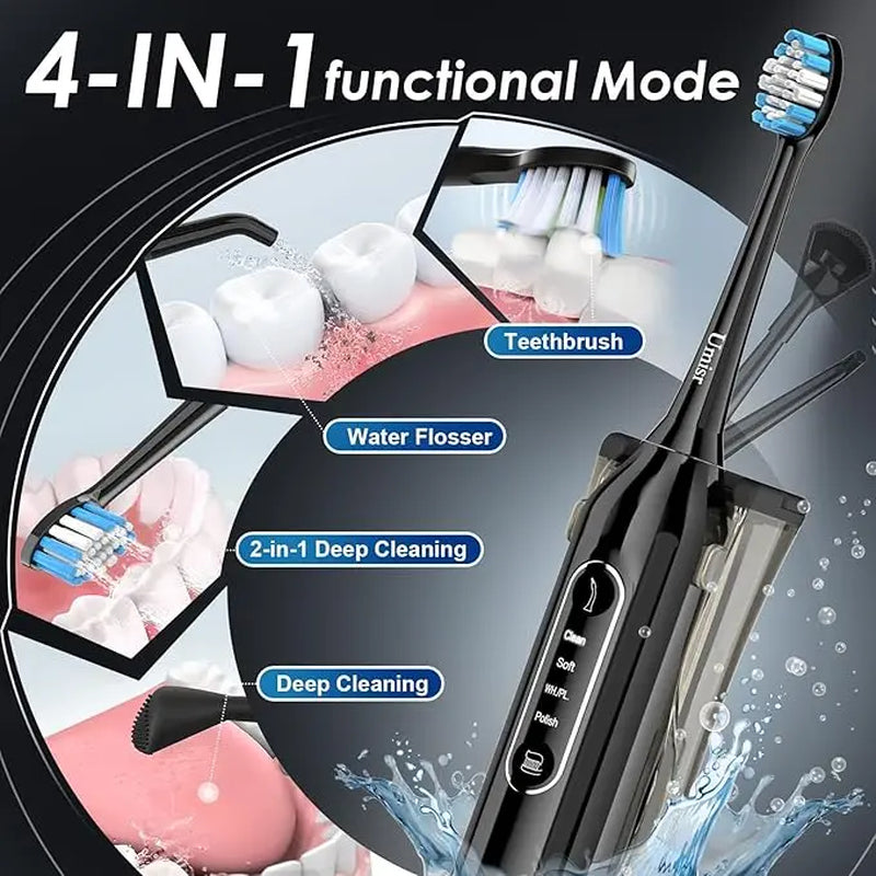 Adult Water Flosser Combo, 4-In-1 Rechargeable Toothbrush/Tooth Cleaner, 7 Modes. Portable IPX7 Waterproof Tooth Flosser for Cleaning Teeth, Suitable for Home Use and Travel.