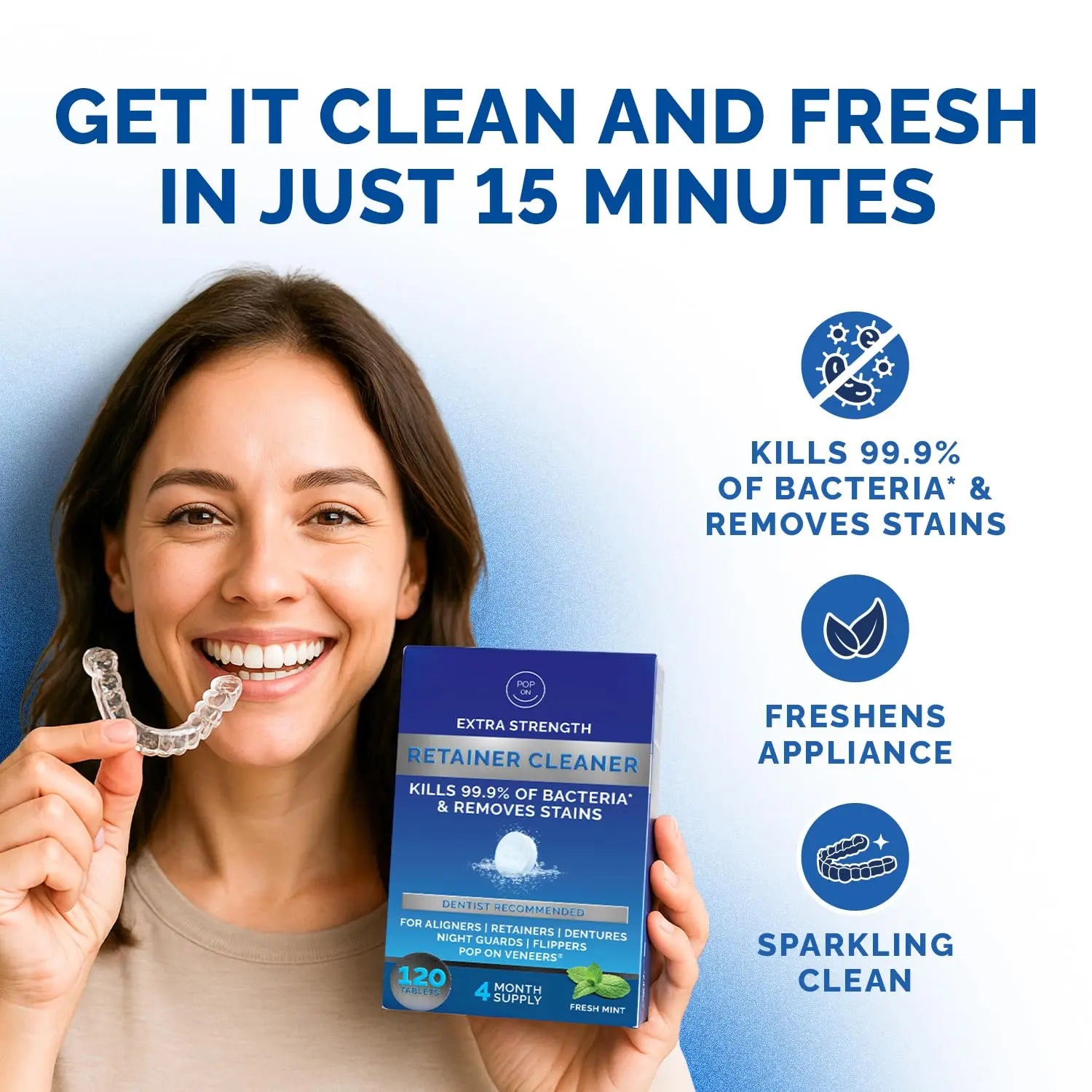 Retainer Cleaner Tablets for Invisalign Approved for Ultrasonic Cleaners - Denture Cleaning Tablets for Aligners, Night Guard, Mouth Guard - Denture Cleaner Tablets 4-Month Supply