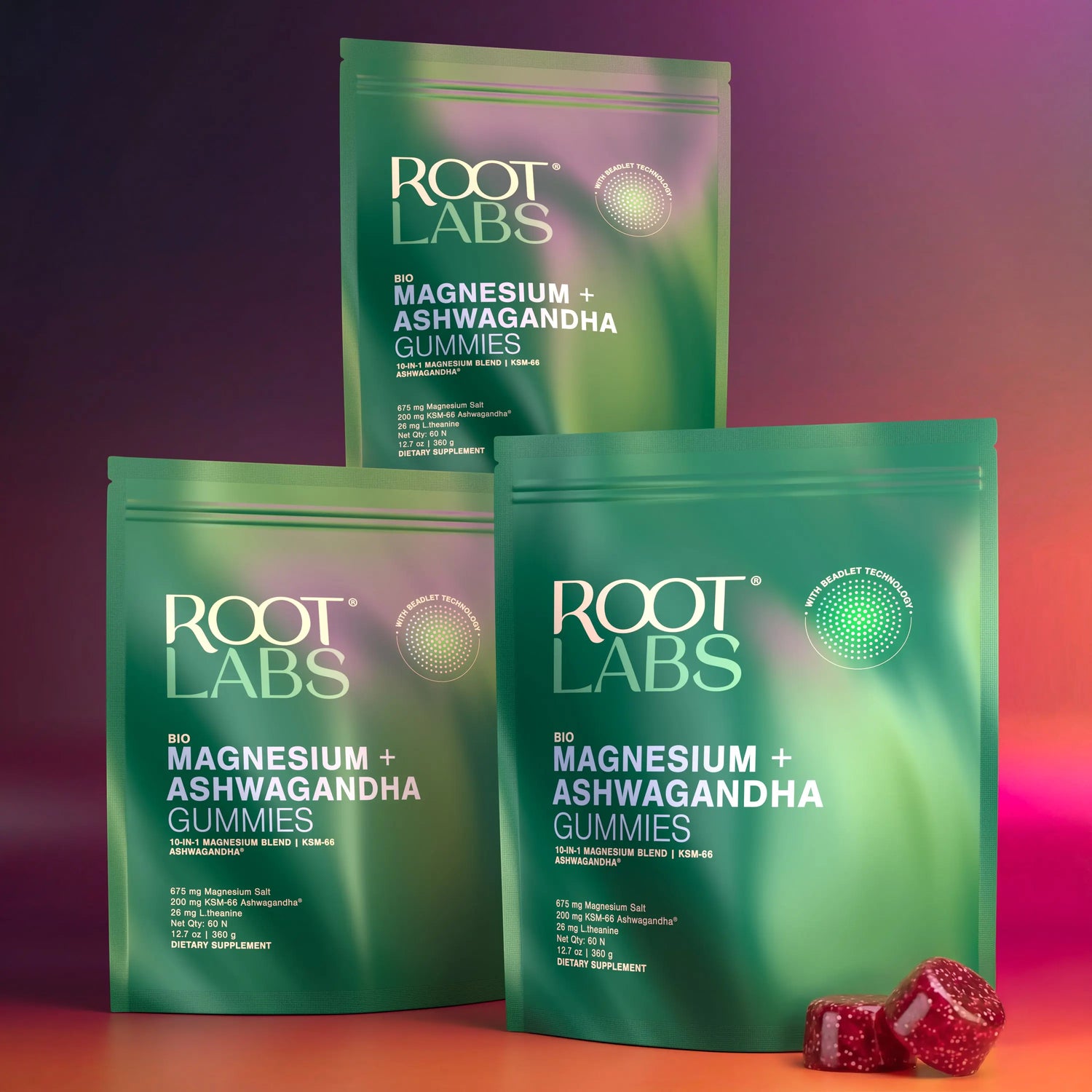 Root Labs Liposomal Magnesium + Ashwagandha Gummies with Beadlet Technology | 675Mg Multi-Form Magnesium Salt, 200Mg KSM-66 Ashwagandha, 26Mg L-Theanine | High Bioavailability Gummies | Stress Relief, Sleep Support & Recovery | 60 Gummies (30 Servings)
