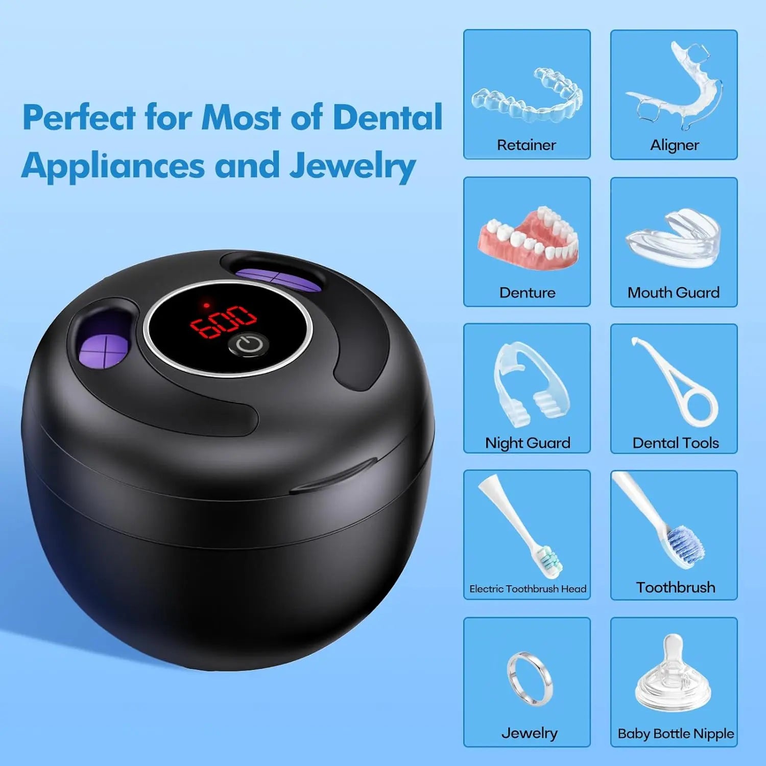 Upgraded Ultrasonic Retainer Cleaner Machine 48Khz, Dental Cleaning Pod, Ultrasonic Retainer Cleaner for Dentures, Aligners, Mouth Guards, Night Guards, Toothbrush Heads and Jewelry with 200ML Capacity