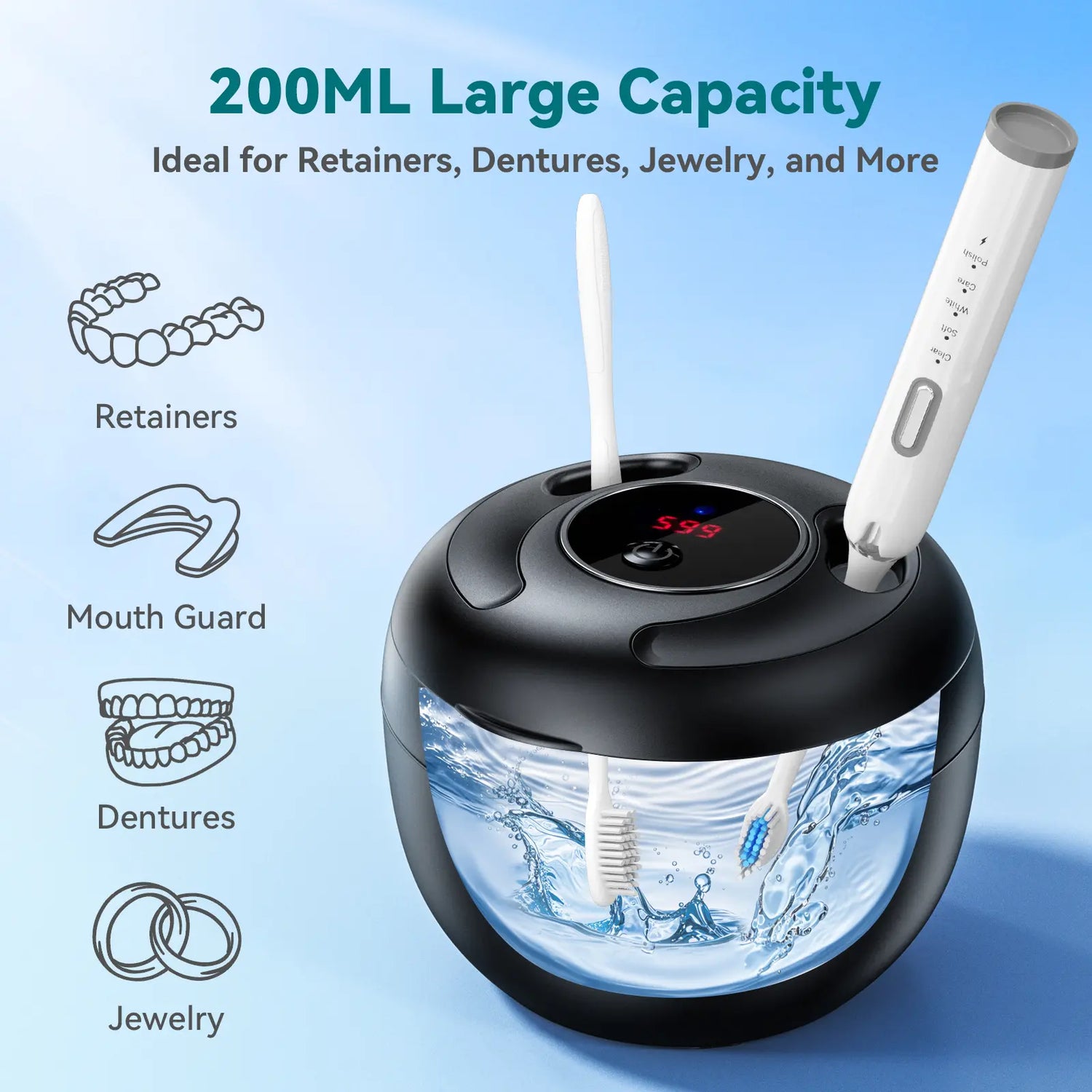 Upgraded Ultrasonic Retainer Cleaner Machine 48Khz, Dental Cleaning Pod, Ultrasonic Retainer Cleaner for Dentures, Aligners, Mouth Guards, Night Guards, Toothbrush Heads and Jewelry with 200ML Capacity