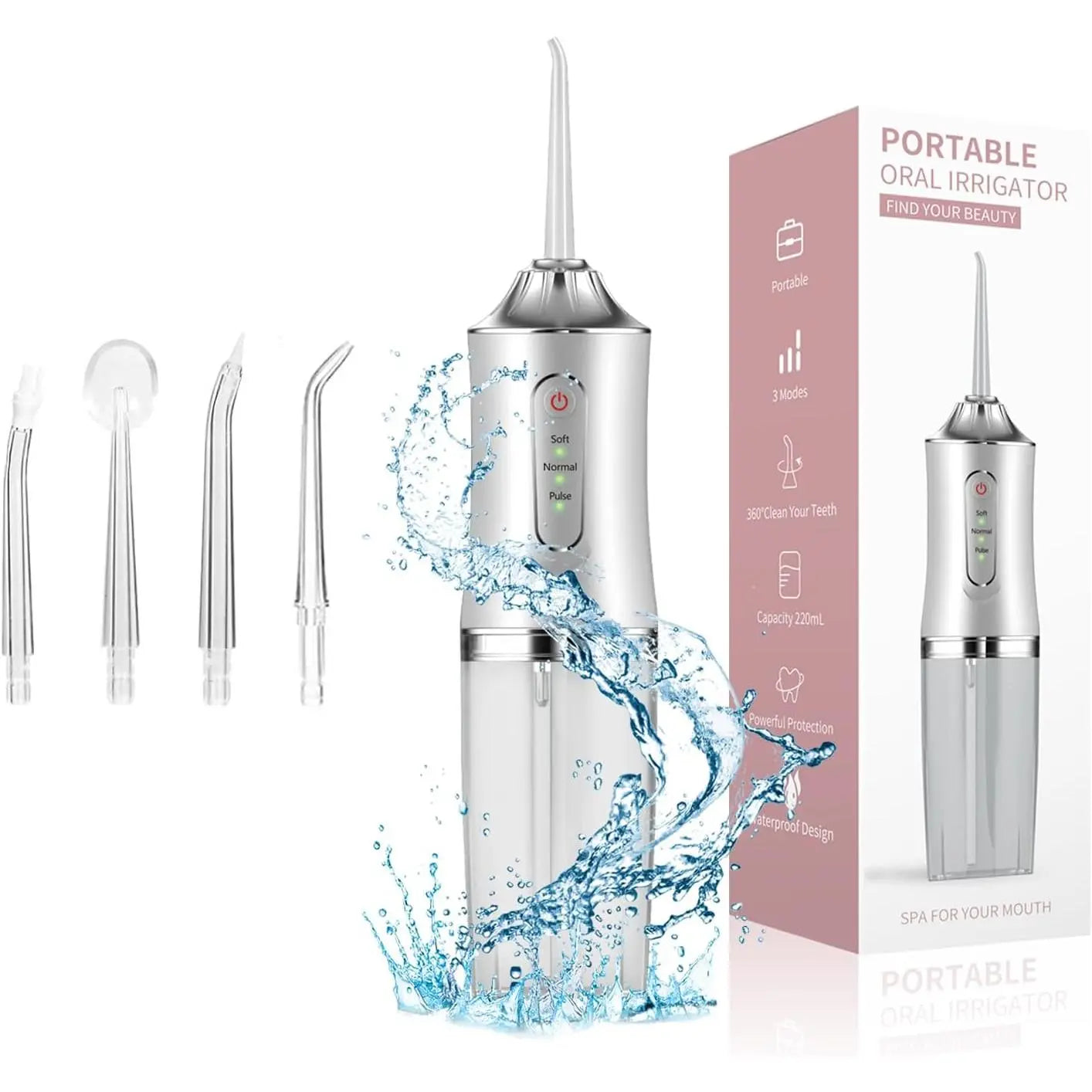 Cordless Water Flosser - Rechargeable Oral Irrigator Cleanser, 4 Nozzles, 80-120PSI Pressure, 45-Day Battery Life, IPX7 Waterproof, 300ML Tank, Teeth Cleaner, Dental Floss Alternative, On-The-Go Use, Ideal Outdoor Gift, Cordless Water Flossers