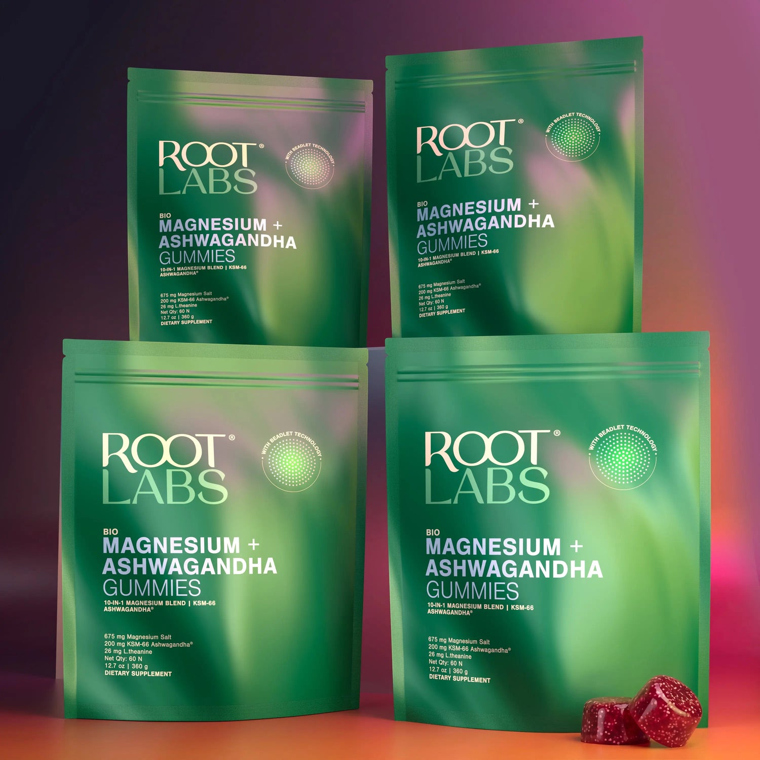 Root Labs Liposomal Magnesium + Ashwagandha Gummies with Beadlet Technology | 675Mg Multi-Form Magnesium Salt, 200Mg KSM-66 Ashwagandha, 26Mg L-Theanine | High Bioavailability Gummies | Stress Relief, Sleep Support & Recovery | 60 Gummies (30 Servings)