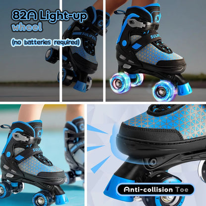 SULIFEEL Roller Skates for Girls Boys Kids,4 Sizes Adjustable Quad Skates with Light up Wheels,Safe Fun Children Skates, Best Gift for Beginners Indoor Outdoor Sports