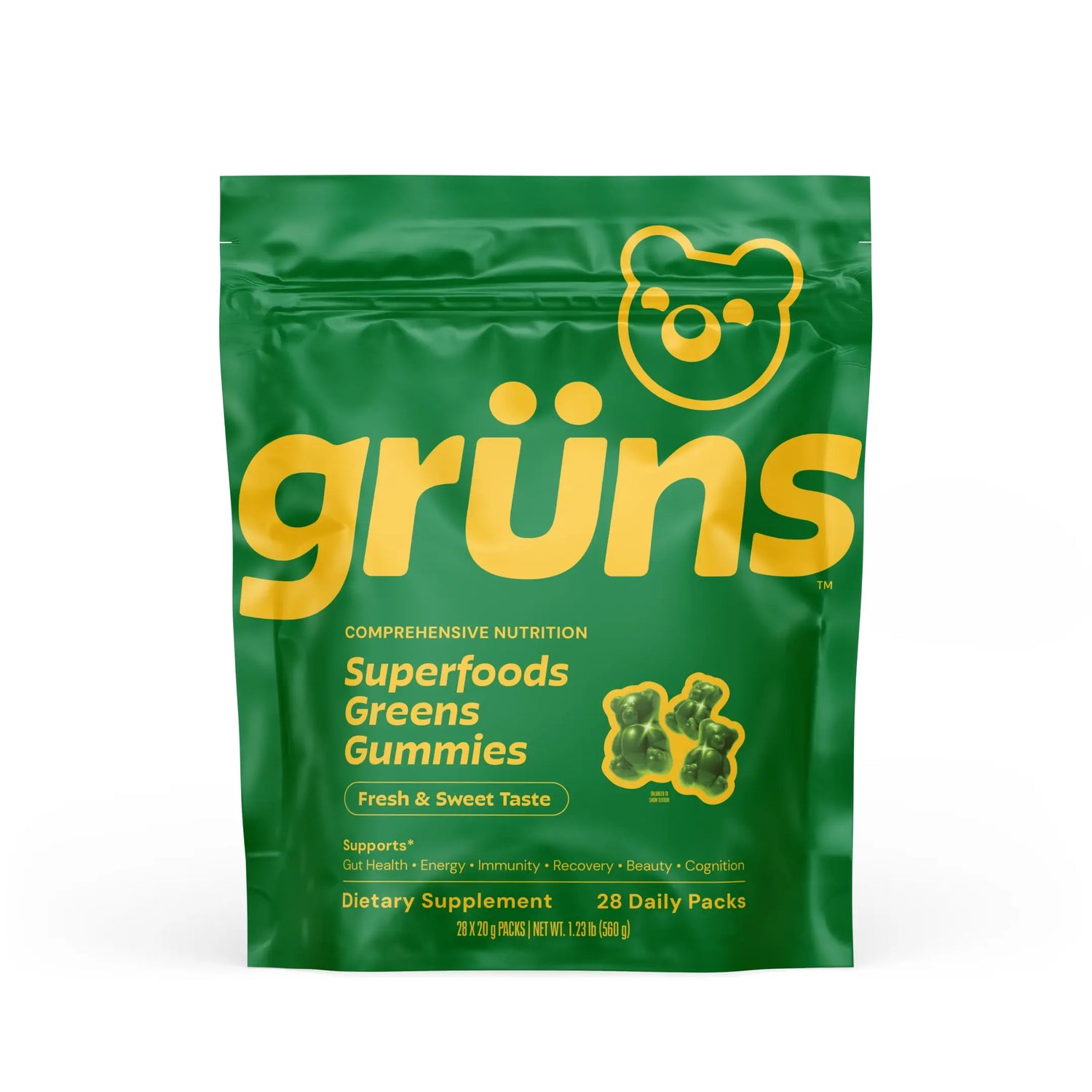 Grüns Superfood Greens Gummies: Comprehensive Nutrition Supplement with 60+ Ingredients: Vitamins and Minerals, Prebiotics for Digestive Health, Adaptogens, Chlorophyll, Chlorella, Fruits and Vegetables, Gluten Free, Vegan, Third Party Tested