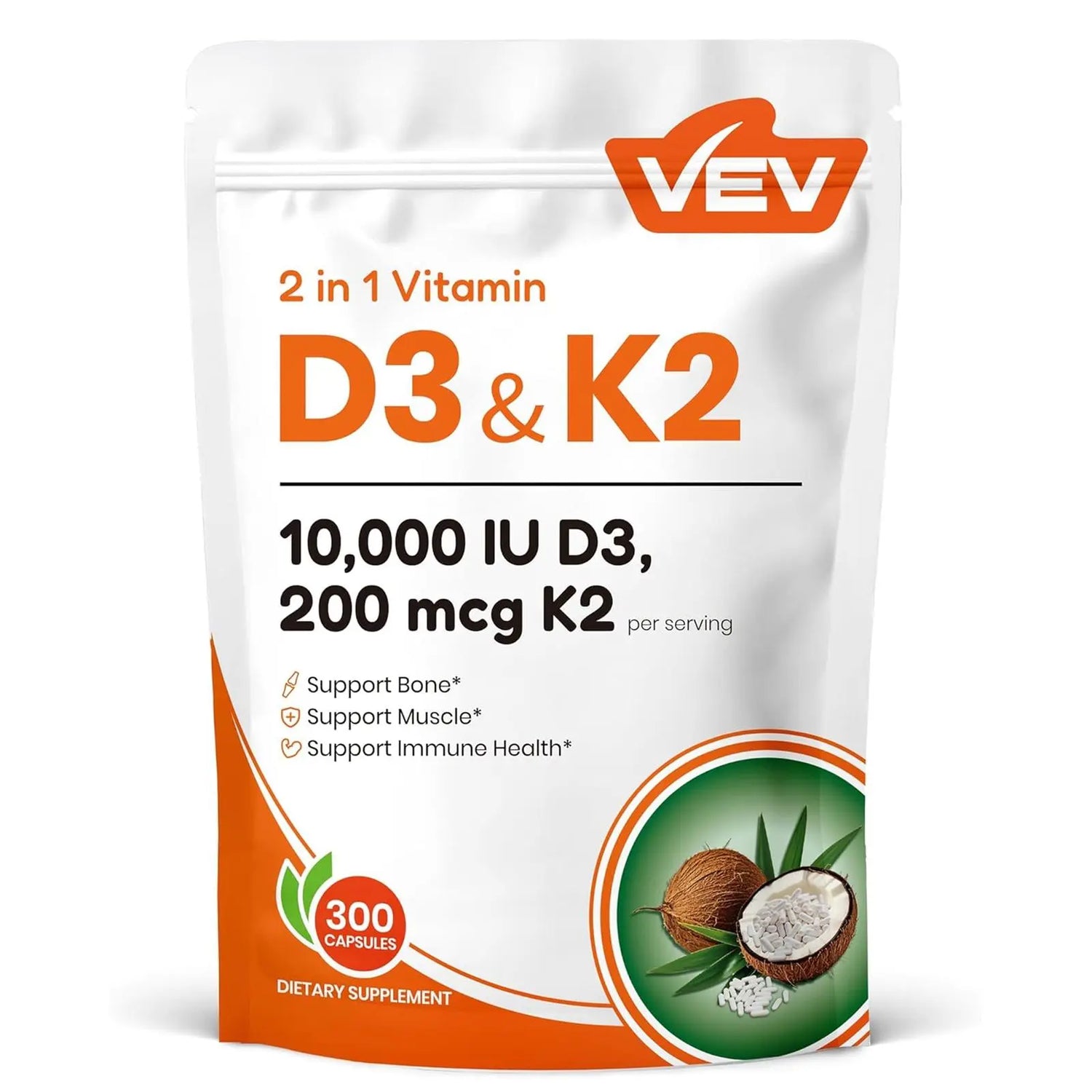 VEV Vitamin D3 K2, 2 in 1 Vitamins Supplement D & K, 10000 IU, 300 Virgin Coconut Oil Softgels, Dietary Healthcare Daily Health Bundle
