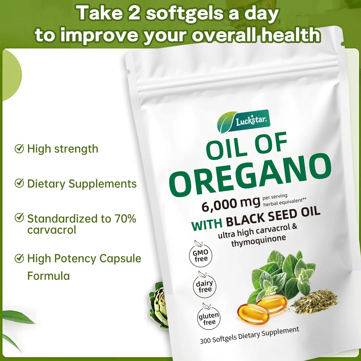 Oil of Oregano 300 Softgels 6000Mg per Serving with Black Seed Oil - Natural Antioxidants for Fitness Nutritional Support