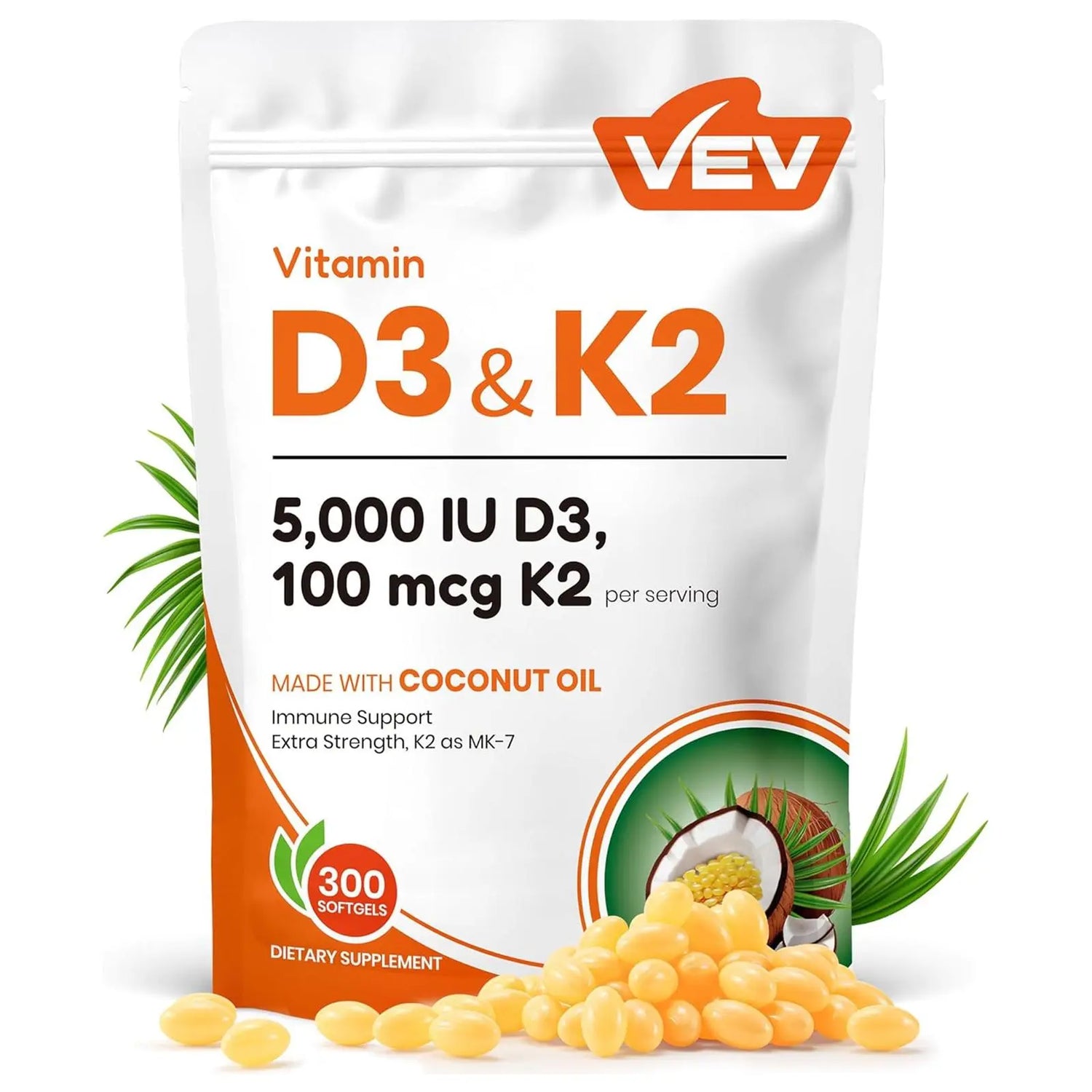 VEV Vitamin D3 K2, 2 in 1 Vitamins Supplement D & K, 10000 IU, 300 Virgin Coconut Oil Softgels, Dietary Healthcare Daily Health Bundle