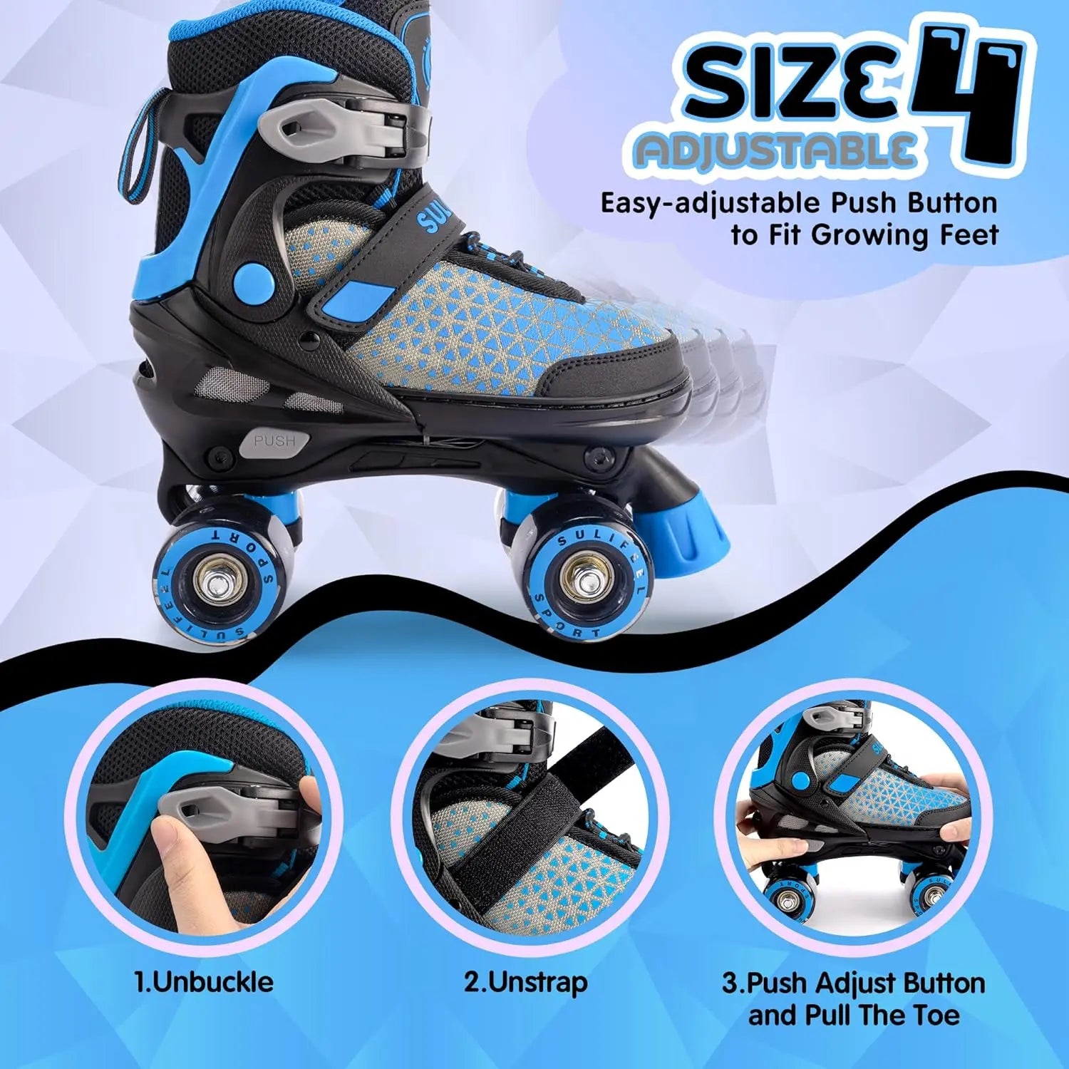 SULIFEEL Roller Skates for Girls Boys Kids,4 Sizes Adjustable Quad Skates with Light up Wheels,Safe Fun Children Skates, Best Gift for Beginners Indoor Outdoor Sports