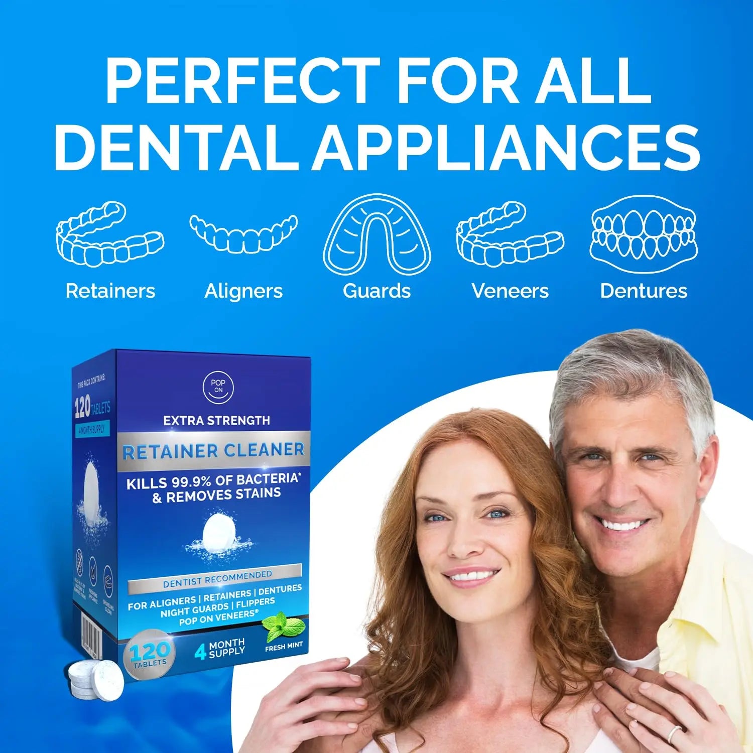 Retainer Cleaner Tablets for Invisalign Approved for Ultrasonic Cleaners - Denture Cleaning Tablets for Aligners, Night Guard, Mouth Guard - Denture Cleaner Tablets 4-Month Supply