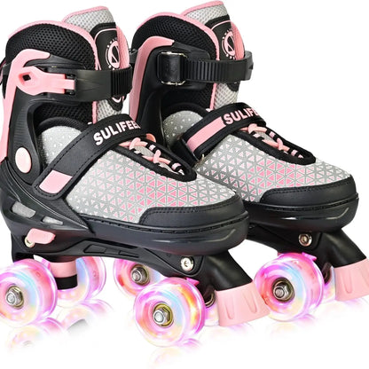 SULIFEEL Roller Skates for Girls Boys Kids,4 Sizes Adjustable Quad Skates with Light up Wheels,Safe Fun Children Skates, Best Gift for Beginners Indoor Outdoor Sports