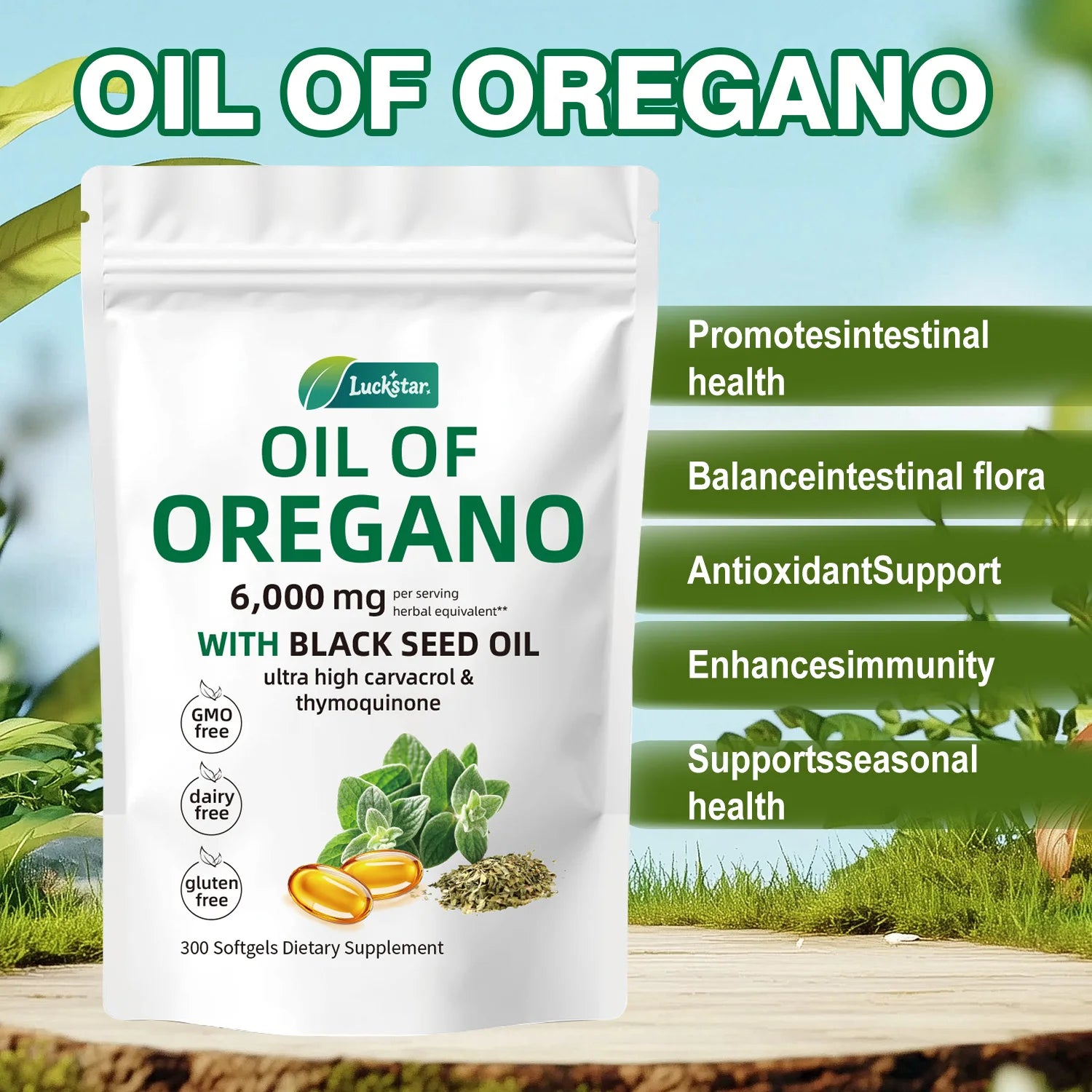 Oil of Oregano 300 Softgels 6000Mg per Serving with Black Seed Oil - Natural Antioxidants for Fitness Nutritional Support