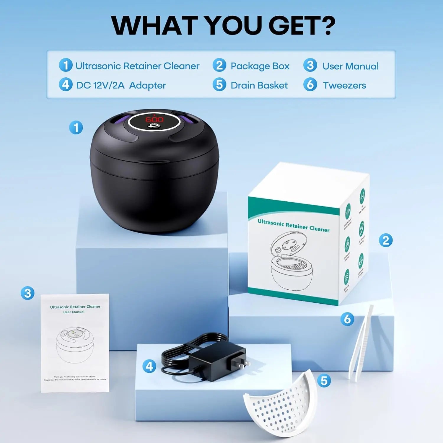 Upgraded Ultrasonic Retainer Cleaner Machine 48Khz, Dental Cleaning Pod, Ultrasonic Retainer Cleaner for Dentures, Aligners, Mouth Guards, Night Guards, Toothbrush Heads and Jewelry with 200ML Capacity