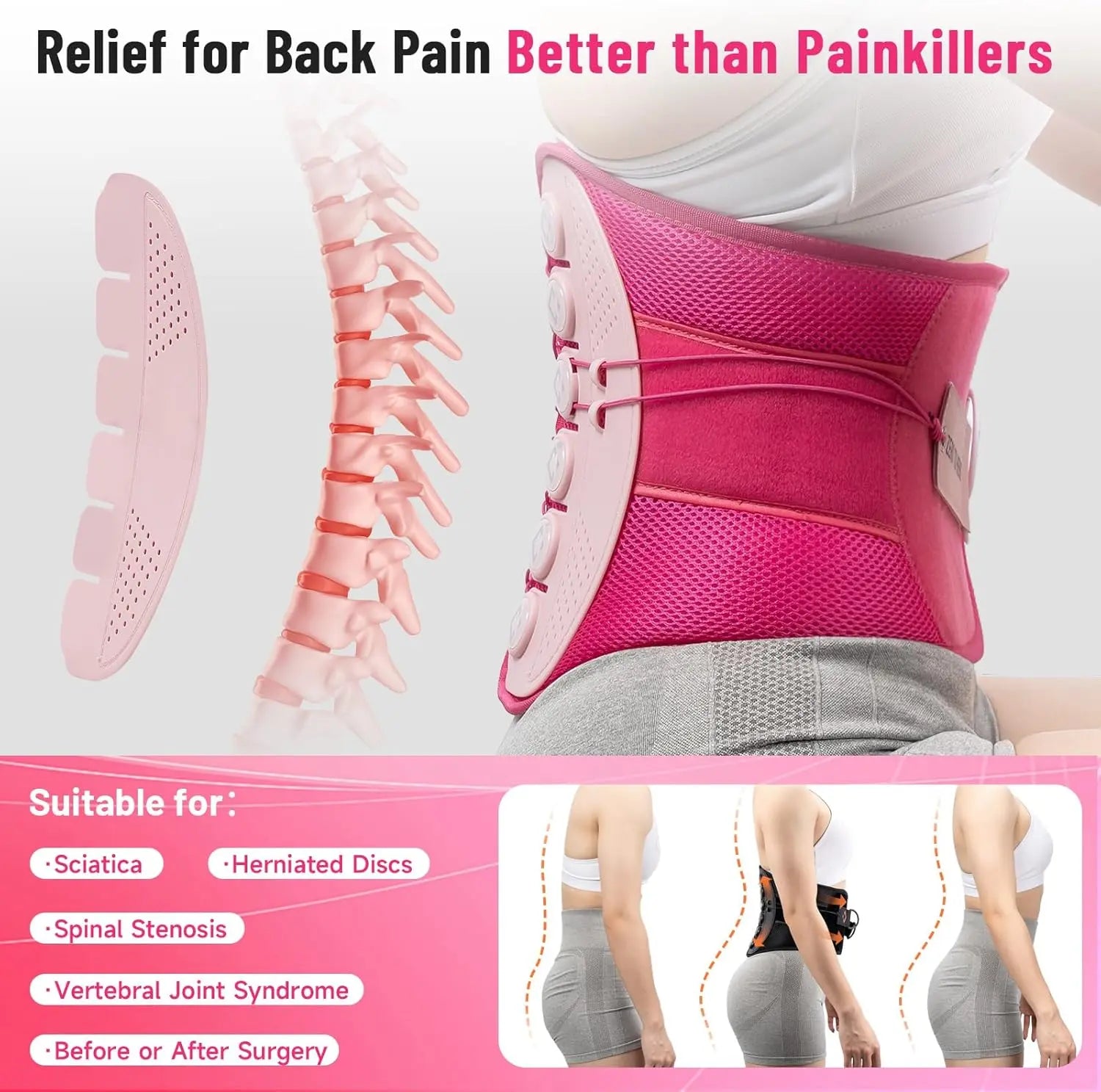 KKH Adjustable Back Support Brace, Ergonomic Back Brace for Lower Back Pain Women, Lumbar Support Belt for Relief Sciatica Pain
